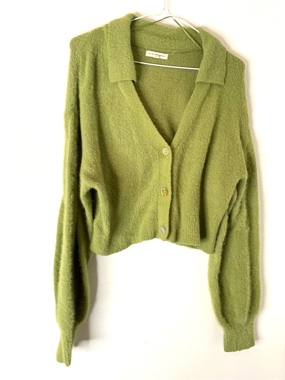 La Hearts Green Fuzzy Cropped Collared Cardigan Balloon Sleeve Sweater